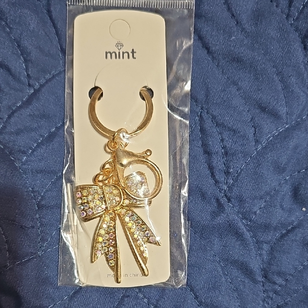 Mint Gold Rhinestone Bow Key Holder Bag Charm New